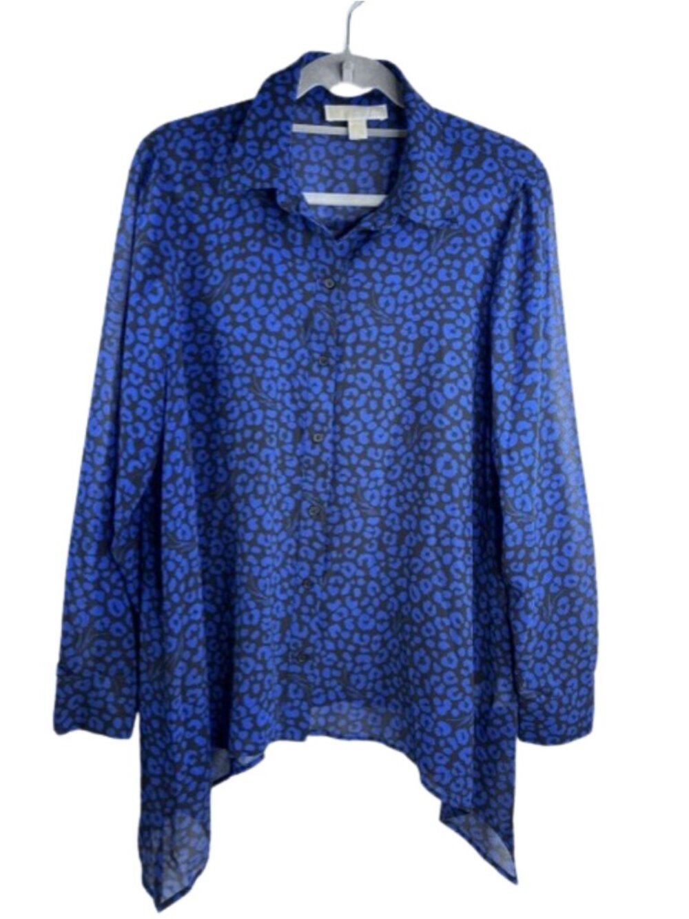 Michael Kors Long Sleeve Button Down Hi Low Print Blouse Cobalt/Black Size L